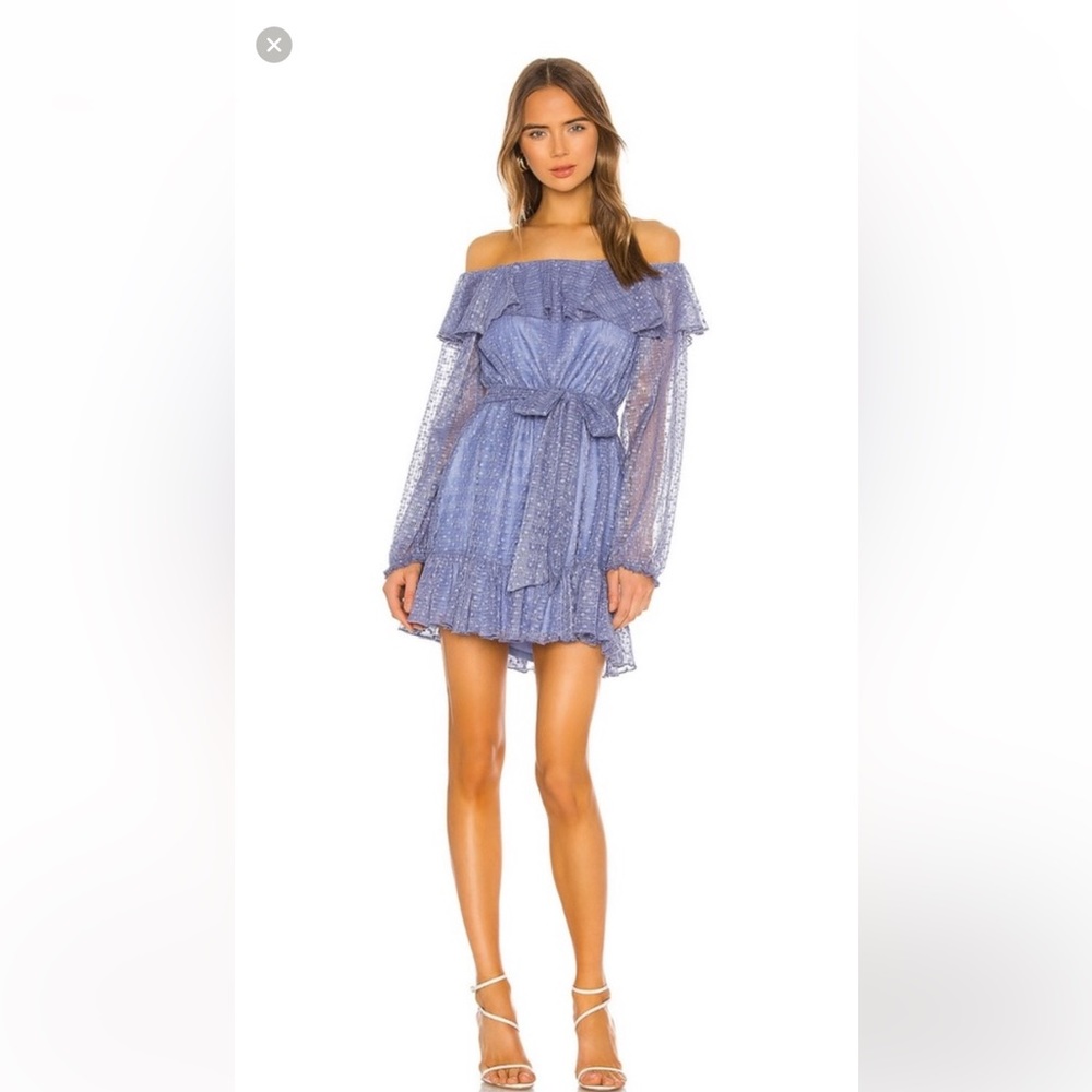 Tularosa Off the Shoulder Periwinkle Dress with elasticized waist and tie belt